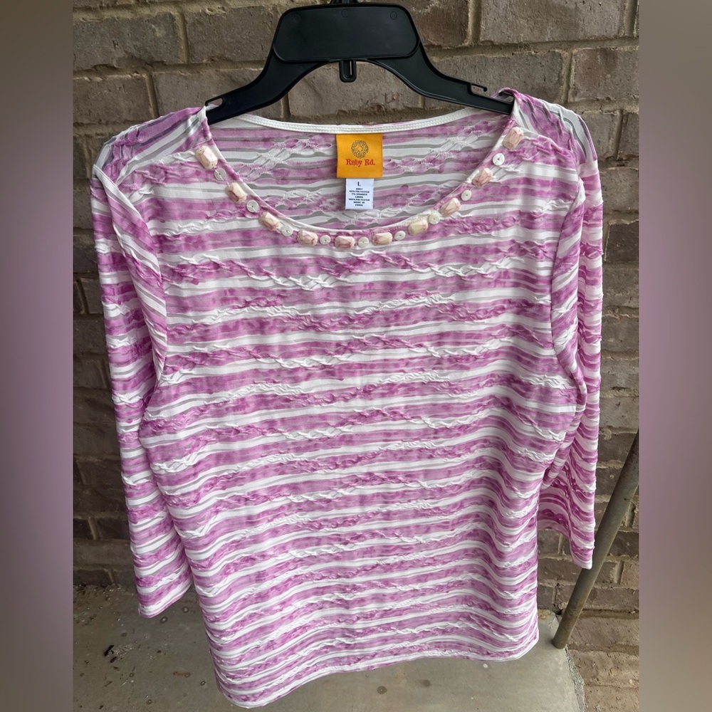 Ruby Rd. Pink and White 3/4 Sleeve Blouse with embellishments and tank built in